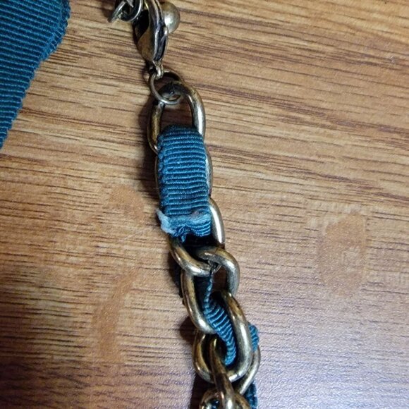 Very Unique Brass Chain Necklace with Teal Ribbon And Beattle Pendent - Picture 5 of 5